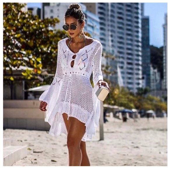Crochet Open Knit Swimsuit Cover-Up in White - Picture 3 of 9